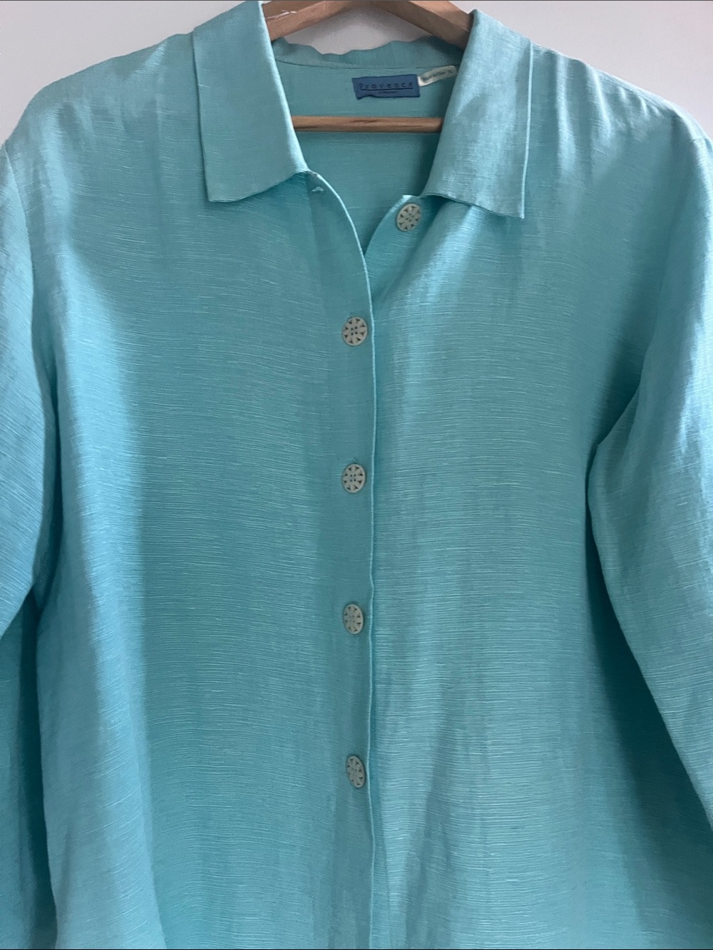 Provence d'Amour 70% Silk 30% Linen Aqua Button Front Blouse XL - Picture 7 of 8